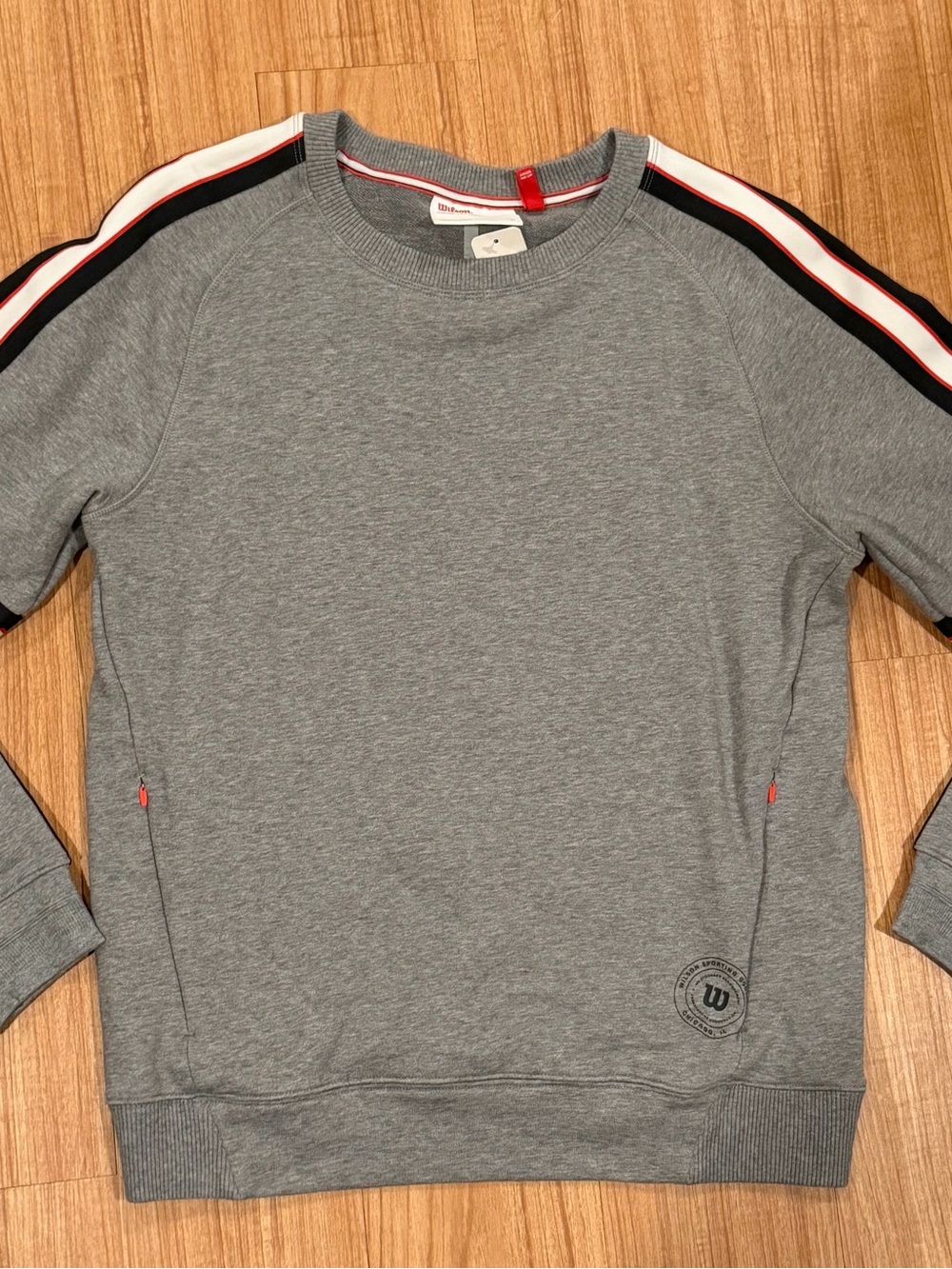 Wilson Grey Crewneck Sweater with Black and White Shoulder Stripes